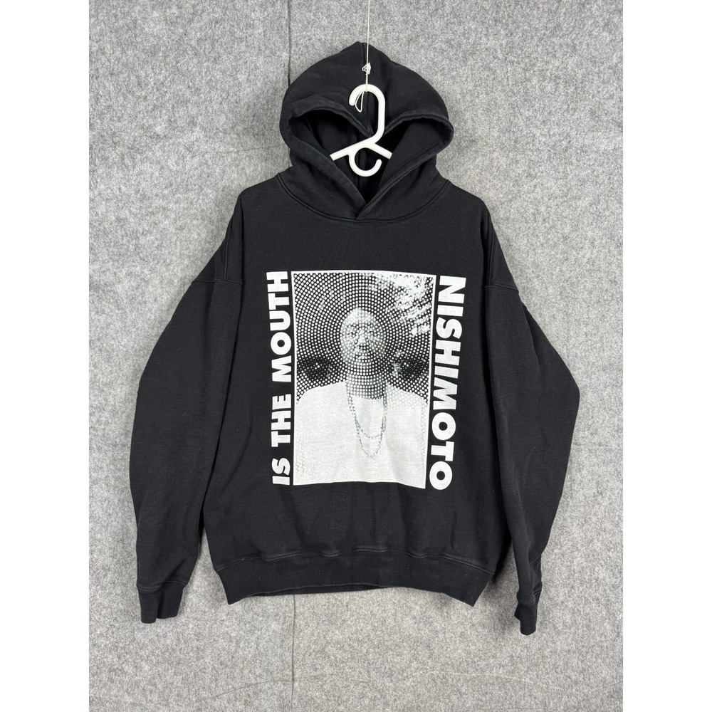 NISHIMOTO IS THE MOUTH Hoodie Men's L Black Spellout Double Sided Graphic Heavy